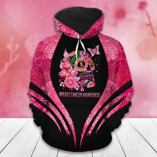 Breast Cancer Awareness Sugar Skull With Flower And Butterfly Breast Cancer 3D Clothes