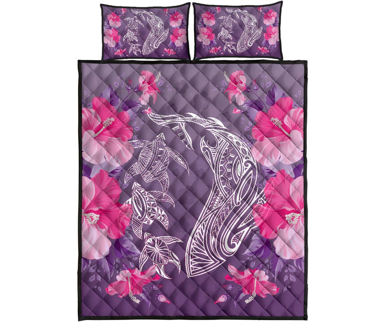 Alohawaii Home Set – Hawaii Shark Turtle Hibiscus Quilt Bed Set – Wreath Style – Ah – Ja