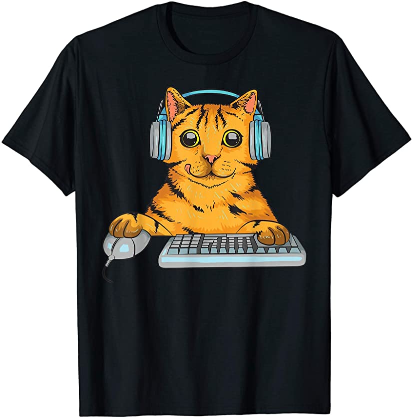 Cute Cat Gamer Gift | Funny Kitten Computer Game Playing T-Shirt