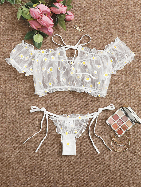 2Pcs Women Lingerie Suit Sexy Sheer Floral Print Off-Shoulder Perspective Mesh Crop Top Tie-Waist Thong-Panty for Date Night alx