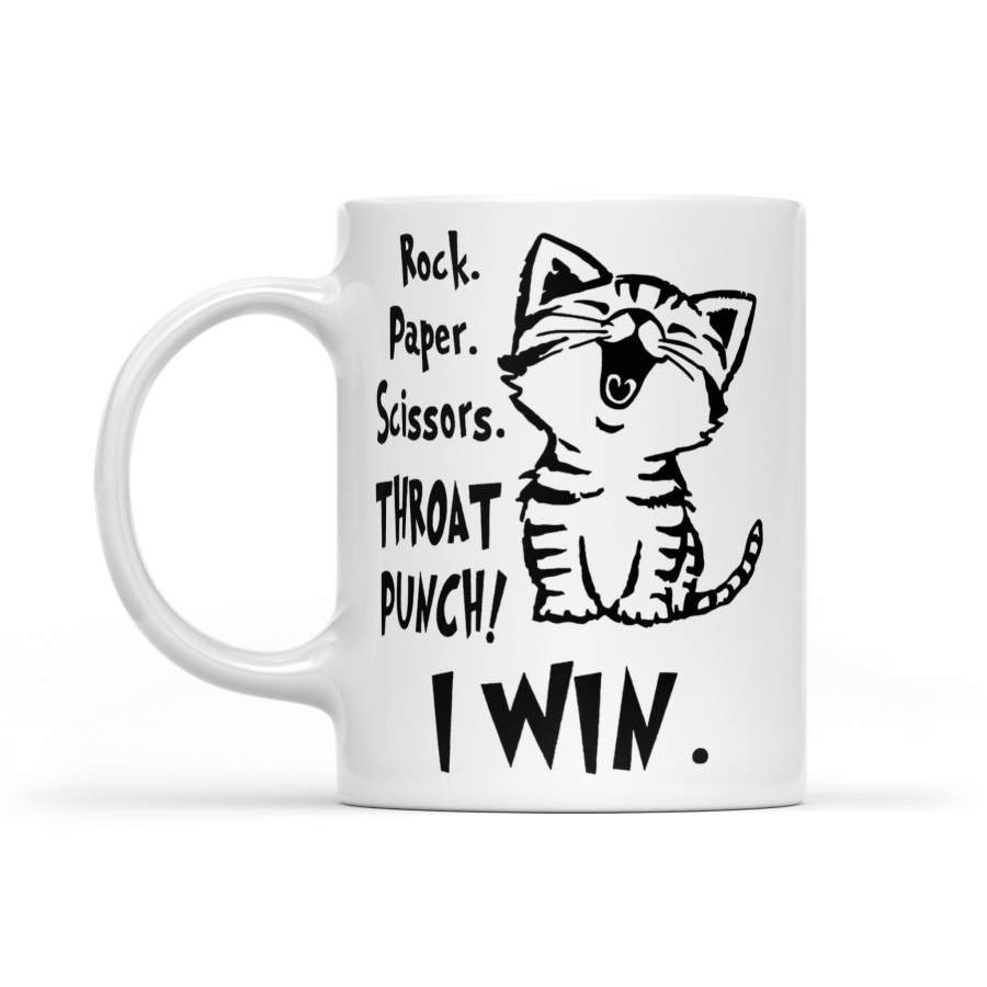 Cat Kitten Rock Paper Scissors Throat Punch I Win – White Mug