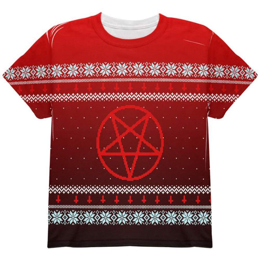 Ugly Christmas Sweater Red Black Pentagram Ombre All Over Youth T Shirt