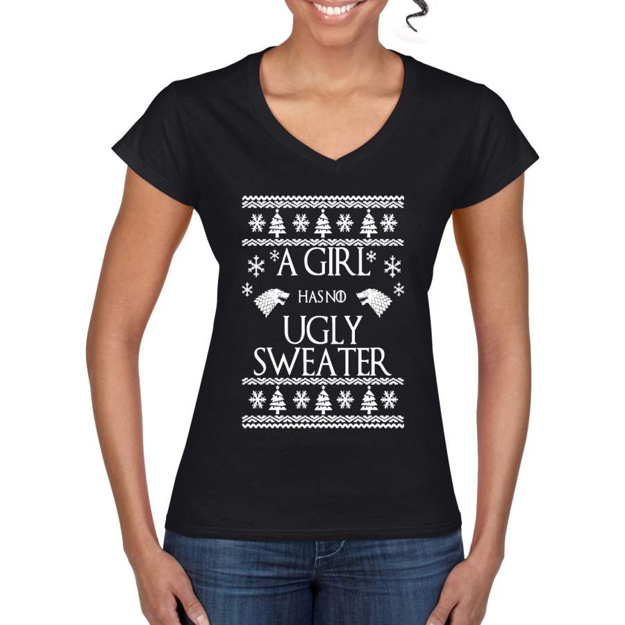 A Girl Has No Ugly Sweater Christmas Womens V-Neck Tee