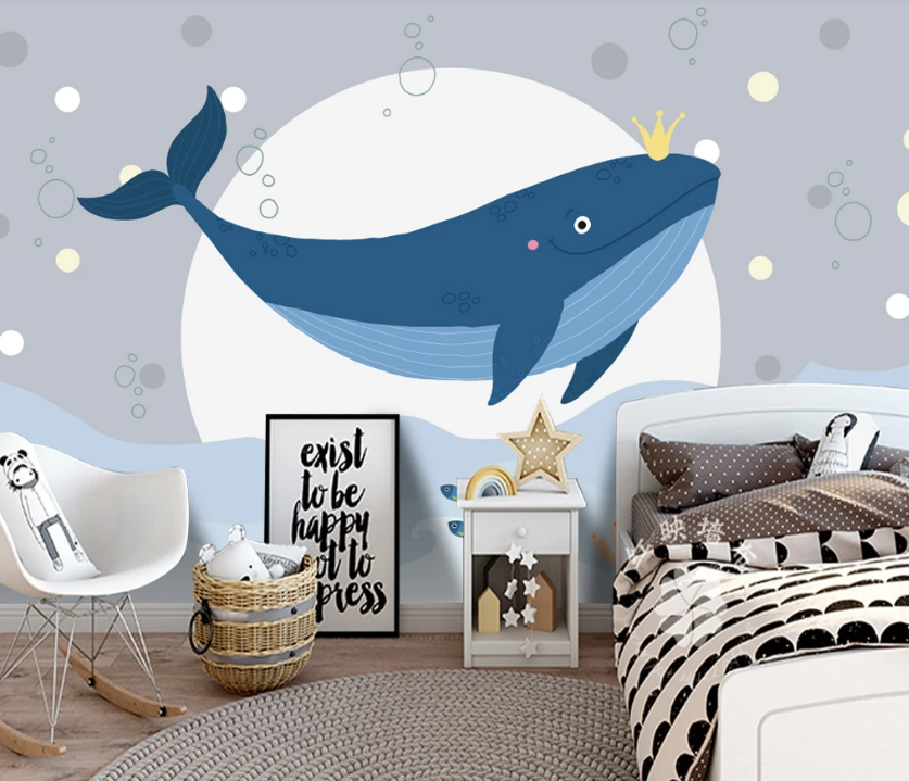 3D Cartoon Round Pattern Crown Whale Background Wall Mural Wallpaper Lxl