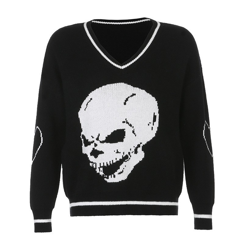 Women’s V-neck Vest Skull Printed Sweater Loose Casual Knitted Comfortable Tops Street Retro Autumn Winter Jackets alx