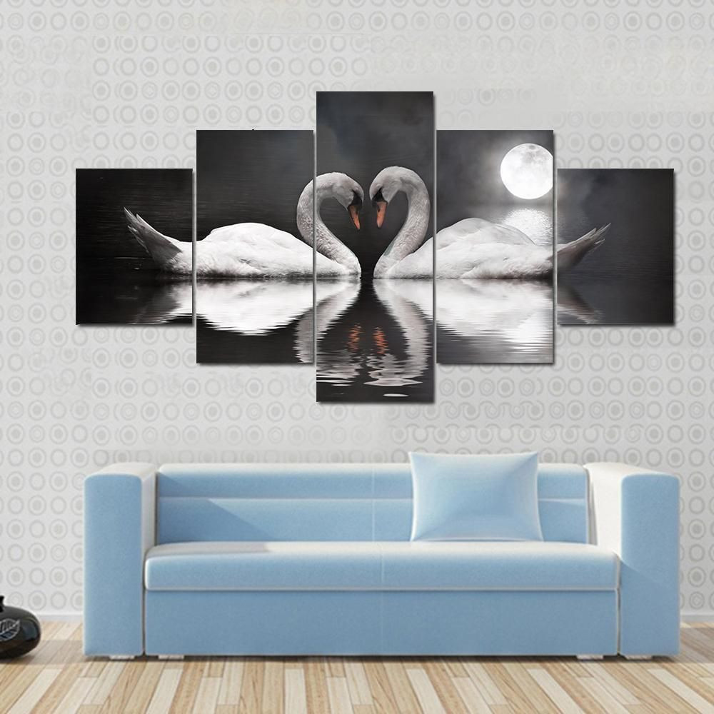 Romantic Swan During Valentines Day Animal 5 Panel Canvas Art Wall Decor