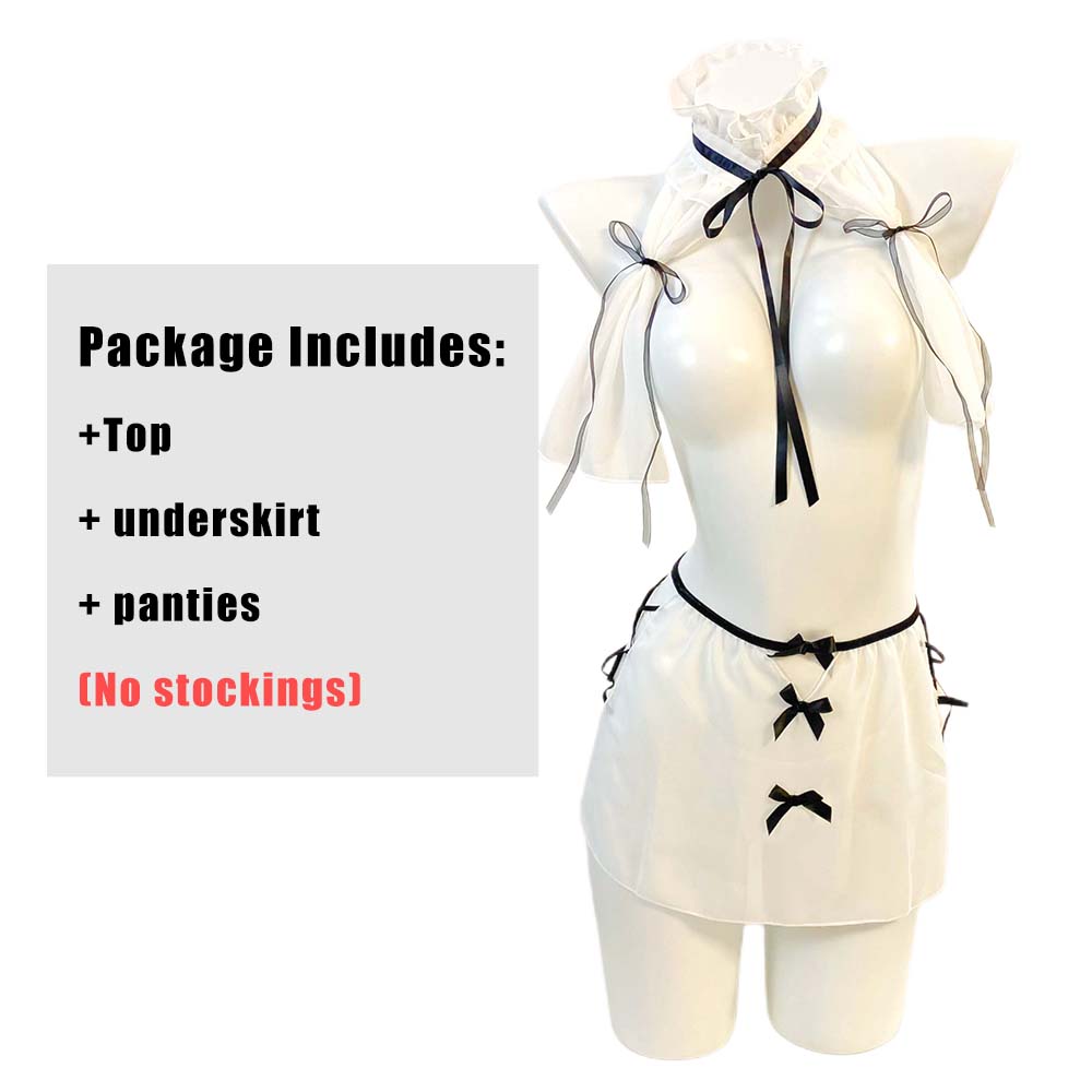 Women Sexy Japanese Open Chest Chiffon Cute Erotic Lingerie Cosplay Costume Outfit White Hollow Out 3Pcs Confortable Stretch Set alx