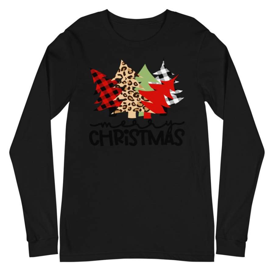 Christmas Trees in Buffalo Plaid and Leopard Unisex Long Sleeve Tee