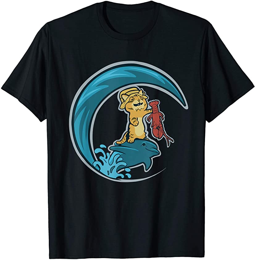 Ginger Cat Lobster Fisherman Riding Dolphin T-Shirt