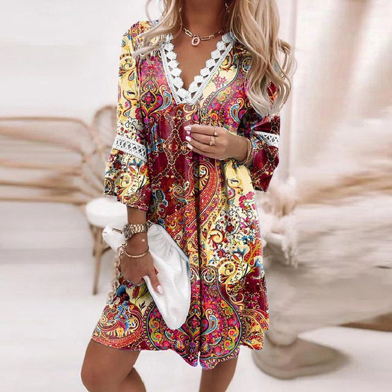 Women’s Boho Floral Printed Dresses Summer Lace Hollow Out 3/4 Sleeve Casual Dress Female Loose Vintage Party Dresses Vestidos alx