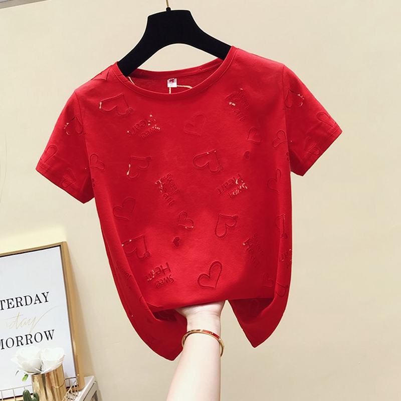 2022 summer Korean Hollow Out Sweet Heart T Shirt Women Short Sleeve Fashion Slim Tee Shirt Femme Ins Tops alx