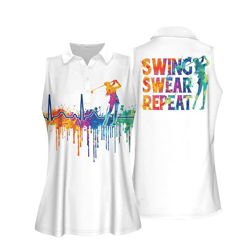 Watercolor Golf Heart Beat Swing Swear Repeat Women Sleeveless Polo Shirt