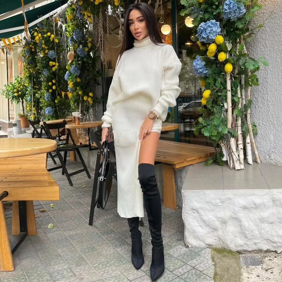 2022 Winter Long Skirt Knitted Set Women Casual Turtleneck Sweater Tops And High Waisted Split Sexy Skirt 2 Piece Set Clothing alx