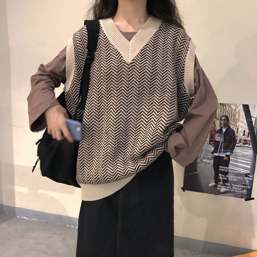 Women 2020 NEWEST Fashion Oversized Houndstooth Knitted Vest Sweater Vintage Sleeveless Female Waistcoat Chic Tops alx