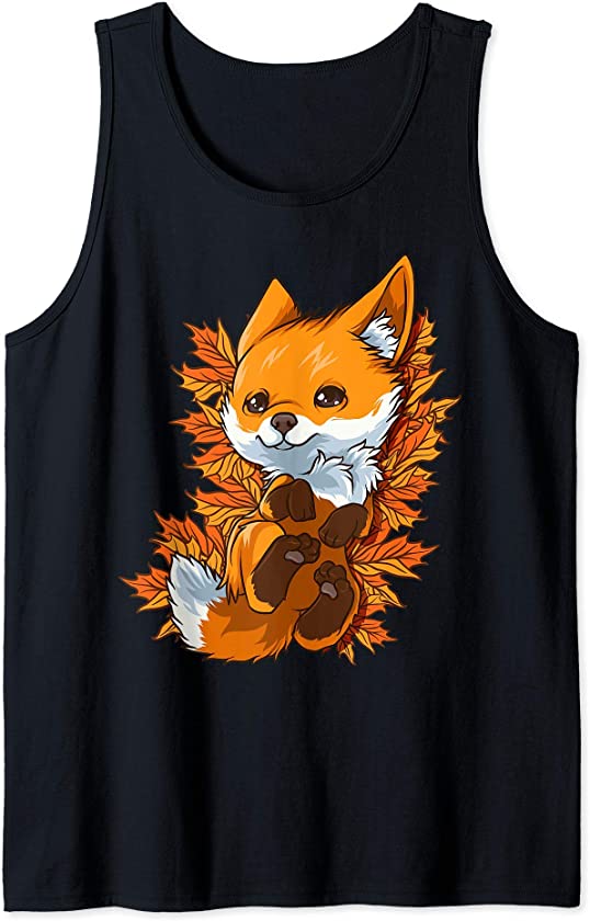 Red Forest Fox Baby Animal Autumn Fall Leaves Tank Top