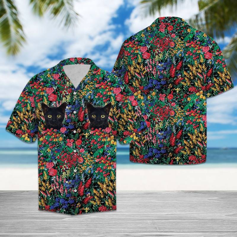 Black Cat Flowers Hawaiian Shirt Ha14577