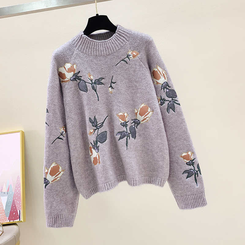 Winter Flower Embroidery Sweaters Women Wool O-Neck Warm Knitted Pullovers Thick Long Sleeve Loose Jumper Female White Blue alx