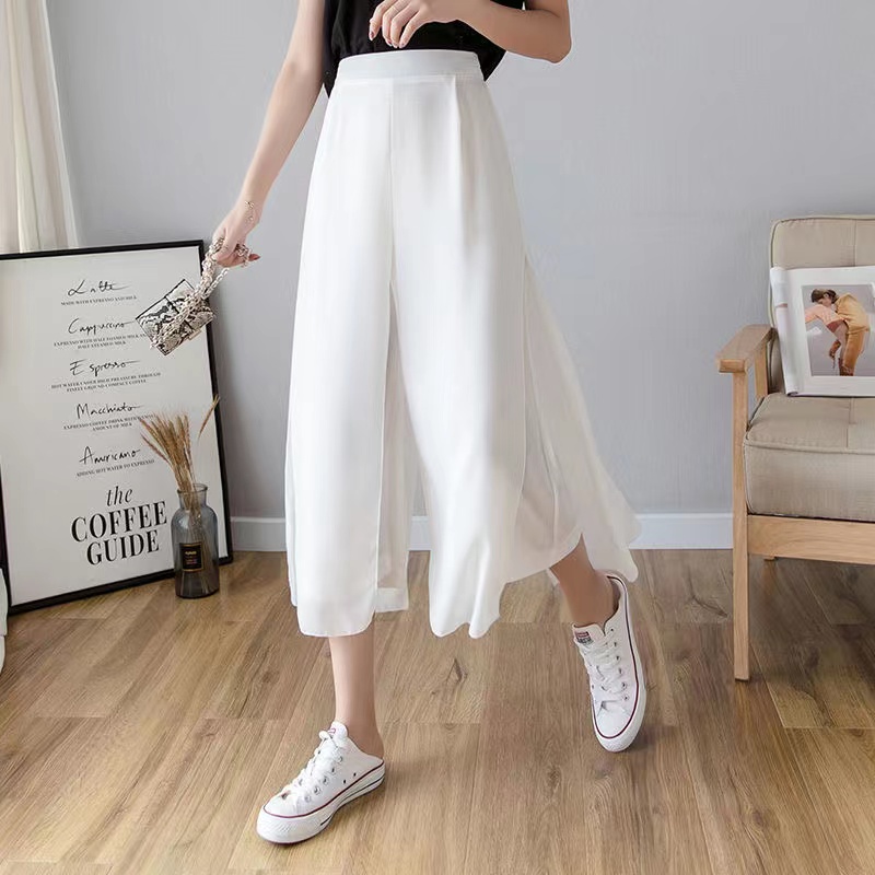 2022 New Fashion For Women Casual Chiffon Pants Summer Breathable Ice Silk Wide Leg Pants Elastic Waist Ninth Pants comfortable alx