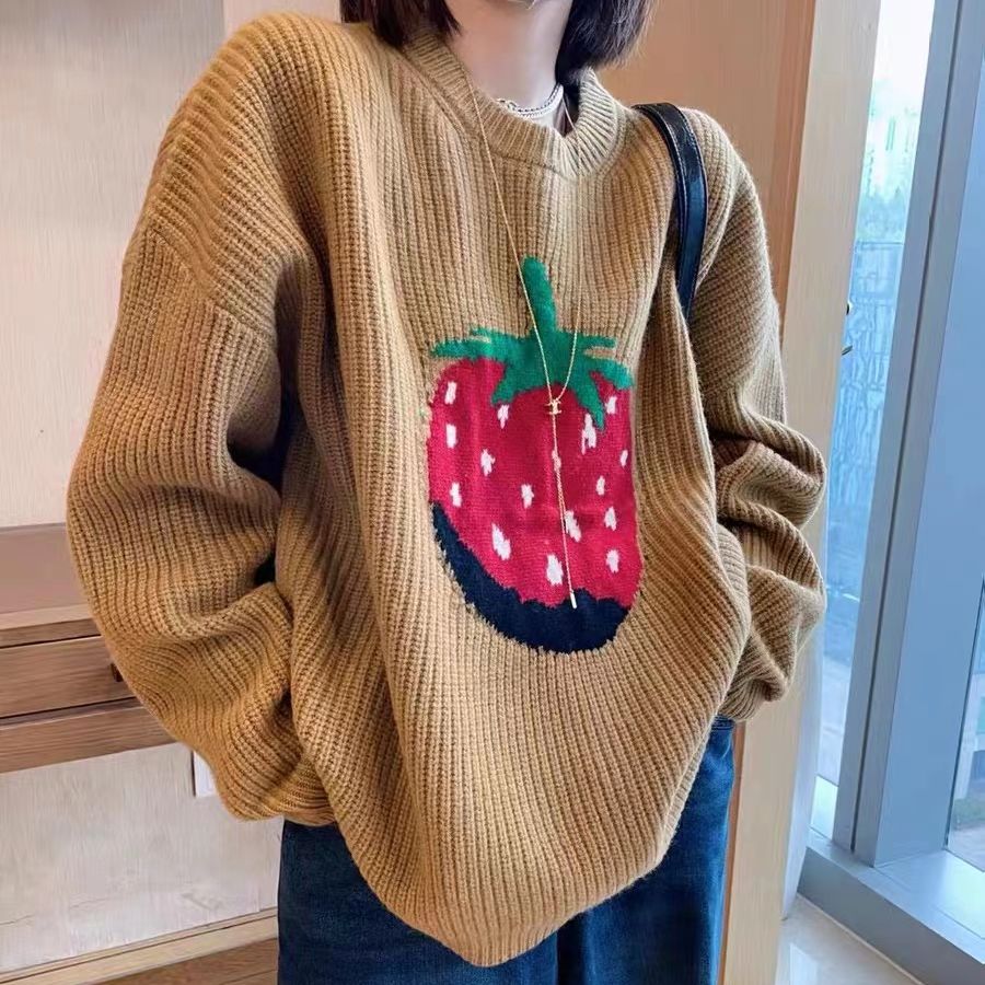 Winter Casual Oversized Pullover Sweater Cute Strawberry Embroidery Long Sleeve Streetwear Warm Fashion Loose Top Women alx