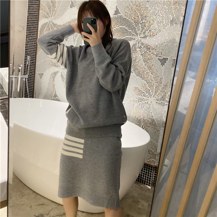 TB college style wool four-bar suit female waffle round neck knitted sweater casual top skirt tide brand alx