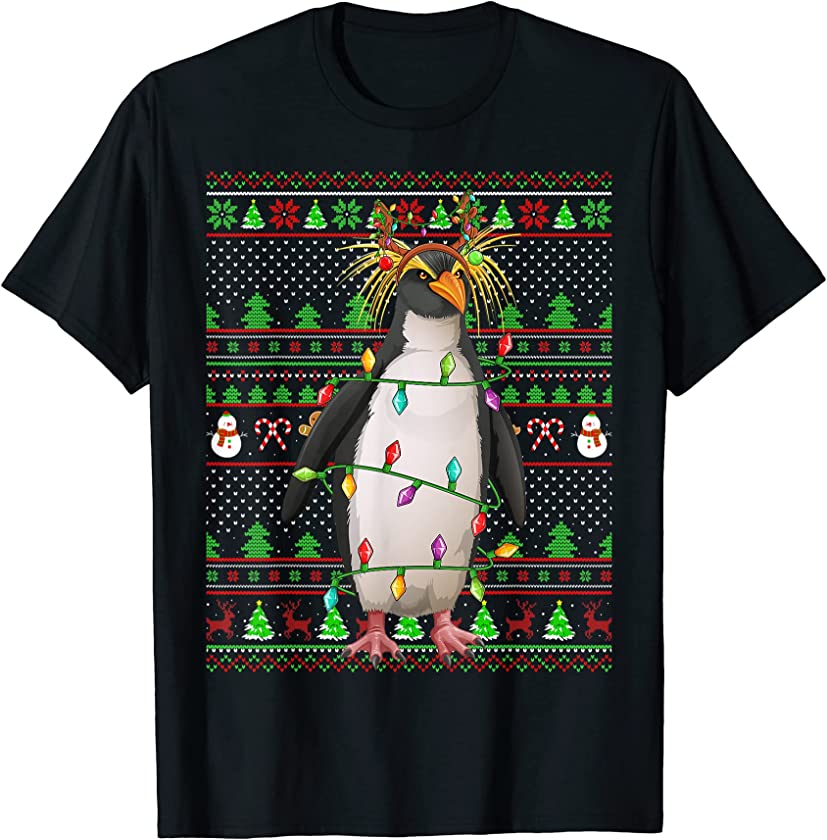 Ugly Xmas Sweater Style Lighting Emperor Penguin Christmas T-Shirt