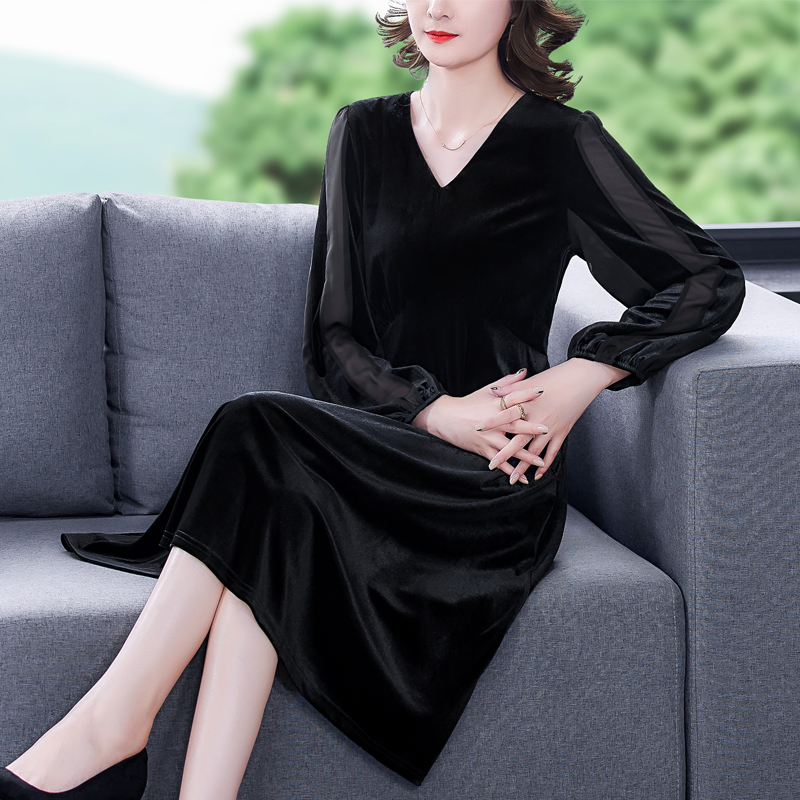 2022 Autumn And Winter New Casual V-Neck Women’s Dress Women’s Golden Velvet Lace Stitching Long-Sleeved Slim Women’s Dress alx