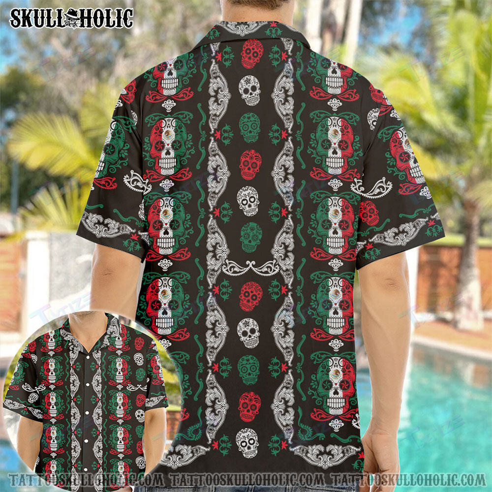 Mexican Flag Sugar Skull All Over Printed Hawaii Shirt Size S Ha67698