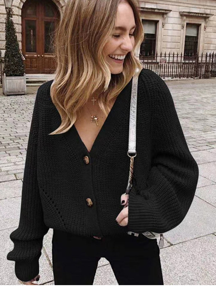 ZOKI Women Knitted Cardigans Sweater Fashion Autumn Long Sleeve Loose Coat Casual Button Thick V Neck Solid Female Tops 2022 alx