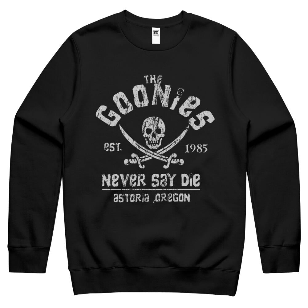 The Goonies – Never Say Die – Grey On Black Crewneck Sweatshirt