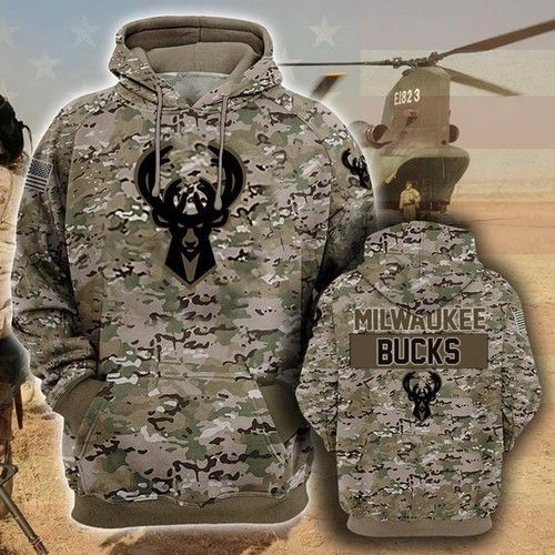 Milwaukee Bucks Camouflage Veteran Zip 3D Hoodie All Over Print