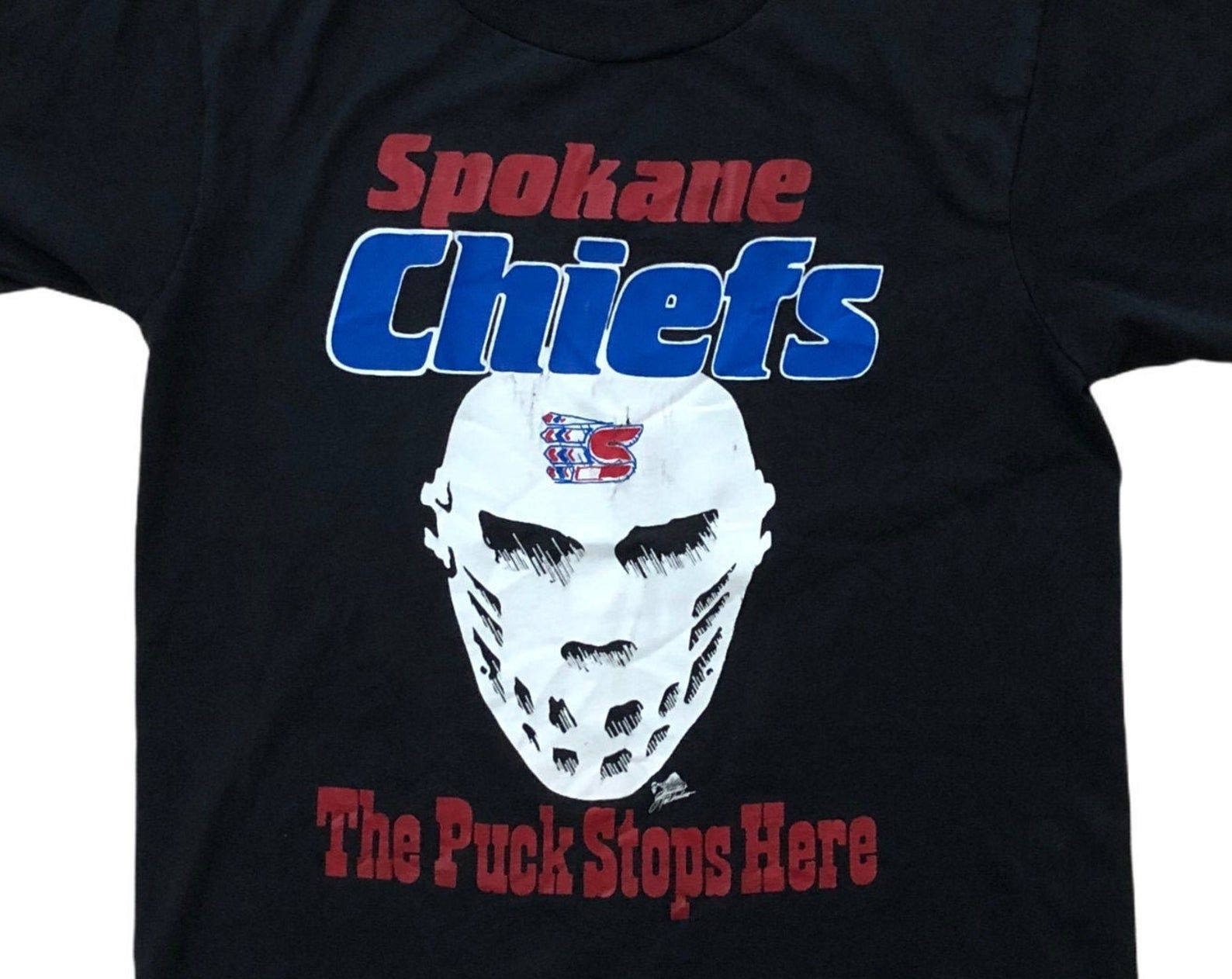 Spokane Chiefs Vtg Screen Stars Best Goalie Mask Rare 1980S 90S Whl Minor League Hockey Jason Friday 13Th Spell Out Logo Black T-Shirt