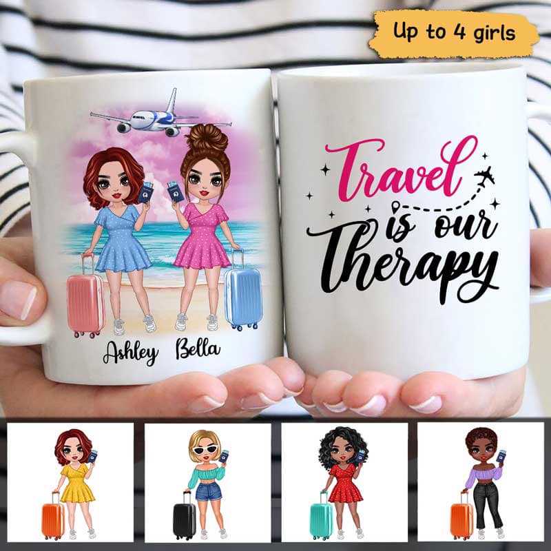 Travel Is Therapy Doll Besties Personalized Mug