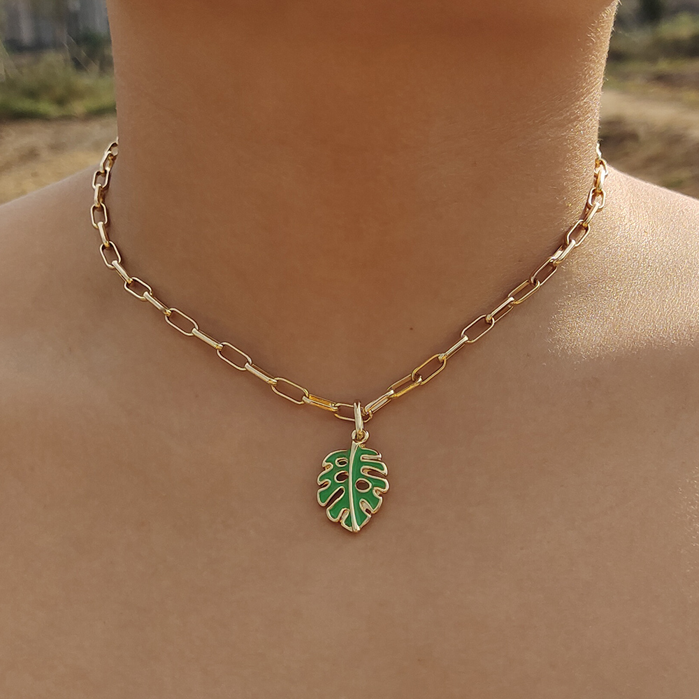 ZX Colorful Green Enamel Leaf Statement Pendant Necklace for Women Gold Color Maxi Chain Chokers Necklace Wholesale Jewelry Gift alx