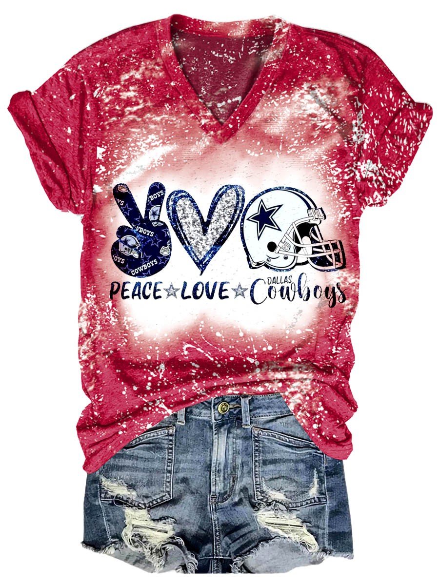 Women’S Peace Love And Cowboys Dallas Cowboys Bleach V-Neck T-Shirt