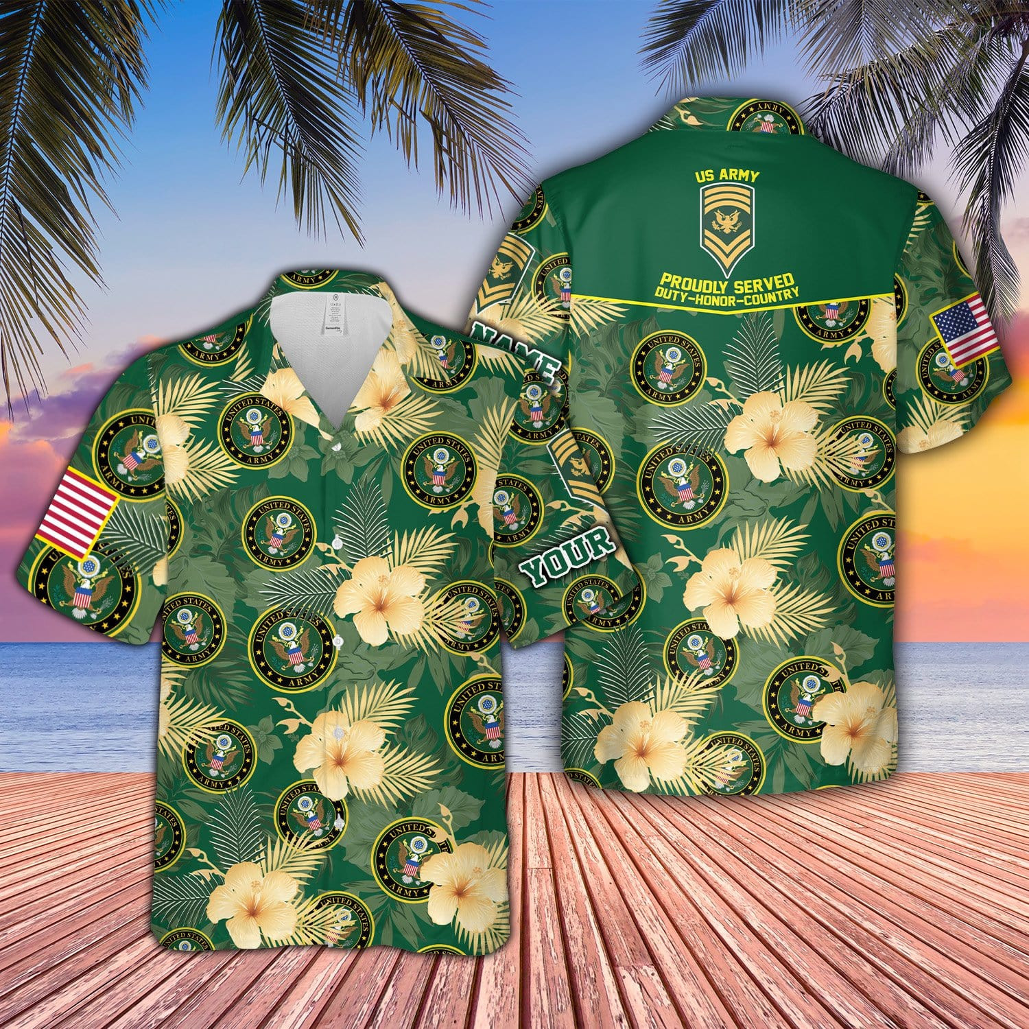 Personalized Name And Rank Proudly Served Us Army Green Unisex Hawaii Shirts Ha93386