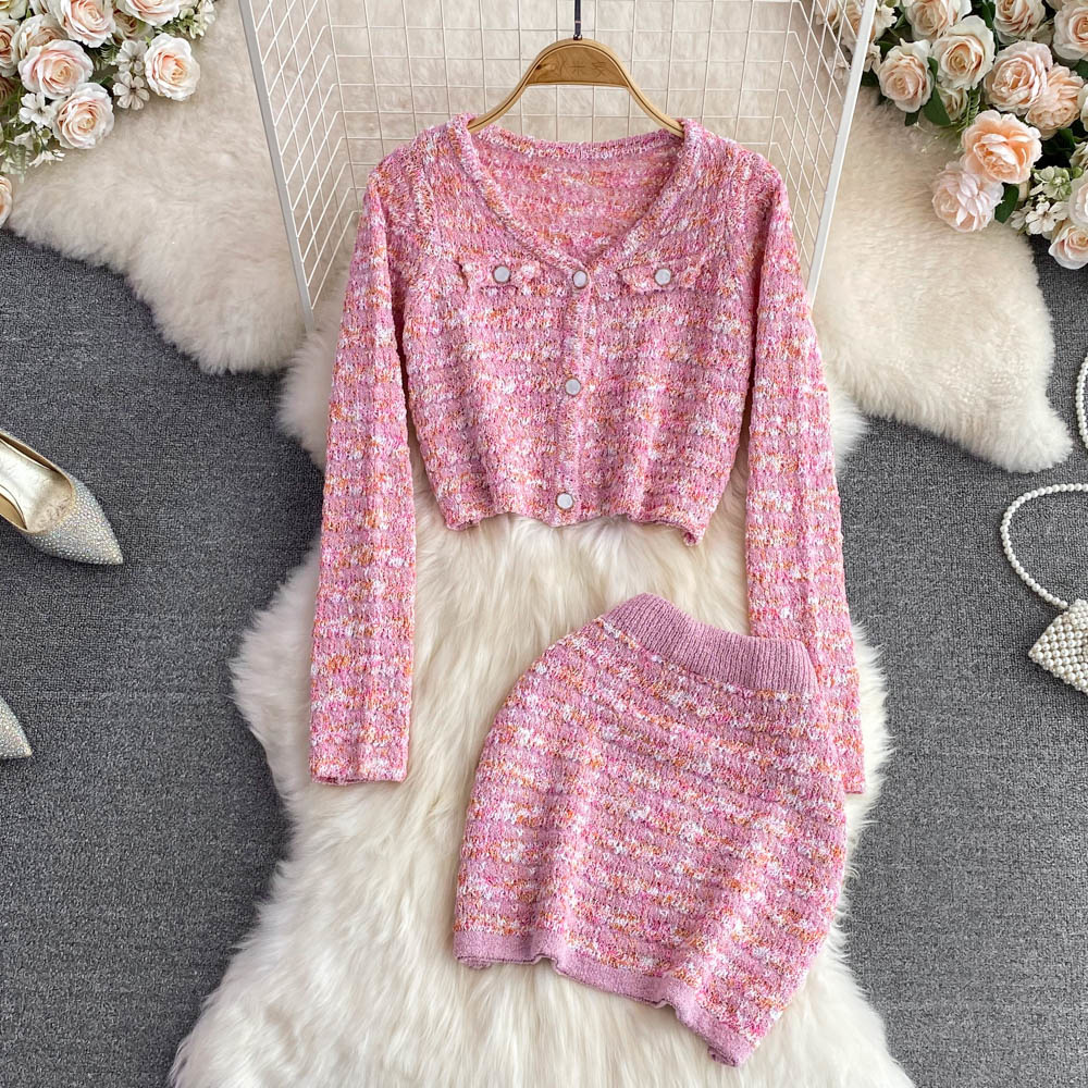 2022 Autumn New Sweater Skirt Set Women V-Neck Single Breasted High Street Korean Style Knitted Cardigans Elegant Suit Clothes alx