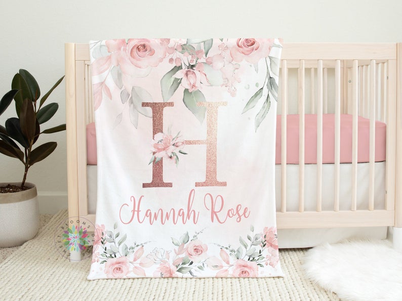 Blush Pink Floral Blanket, Pink Watercolor Flowers Rose Gold Name Blanket, Monogram Baby Girl Personalized Blanket, Baby Shower Gift