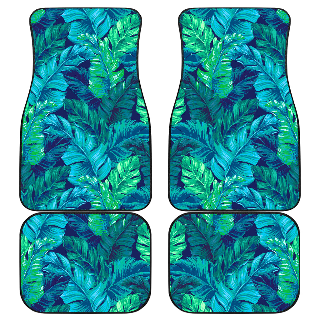 Turquoise Tropical Leaf Pattern Print Front And Back Car Floor Mats, Front Car Mat