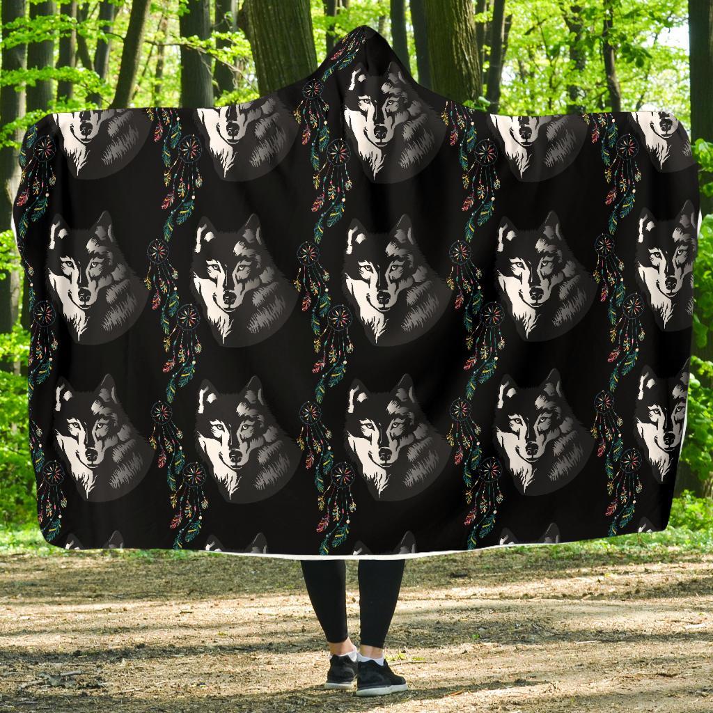 Wolf Black Dream Catcher Design Print Hooded Blanket