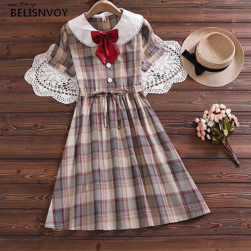 Women Peter Pan Collar With Bowknot Dress Retro Plaid Harajuku Kawaii Girls Preppy Style Sundress Summer Ulzzang Midi Dress alx