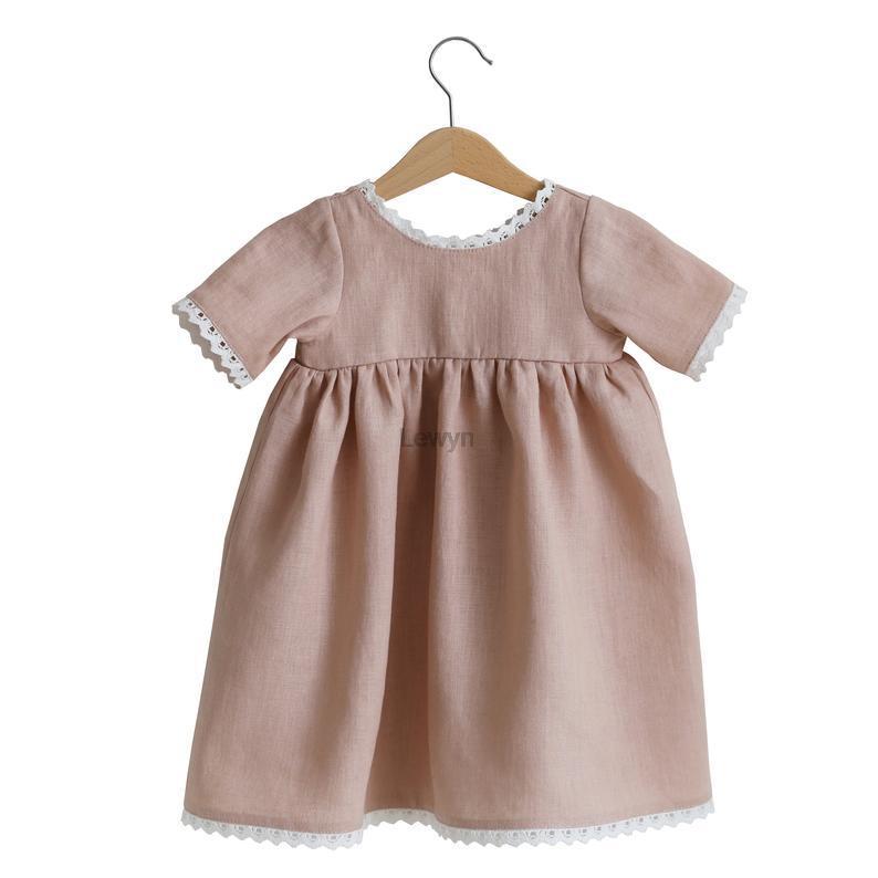 Baby Girls Dresses Summer Toddler Clothes Baby Beach Dresses Lace Short Sleeve Cotton Linen Kids Princess Dresses for Girl 2-6T alx