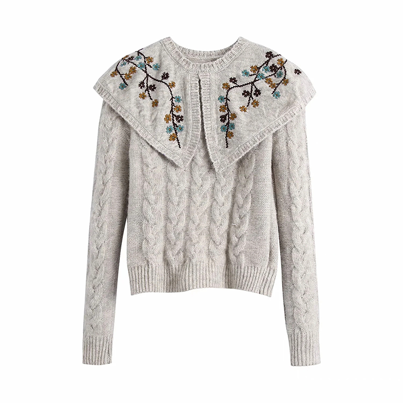 Women New Retro Sweet Flower Embroidery Lapel Sweater Female Simplicity Long Sleeve Pullover Chic Top alx