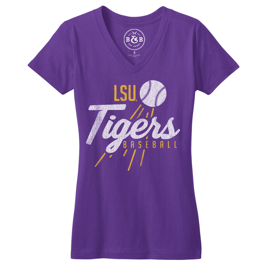 B&B Dry Goods LSU Tigers Baseball Homer Women’s V-Neck T-Shirt – Purple