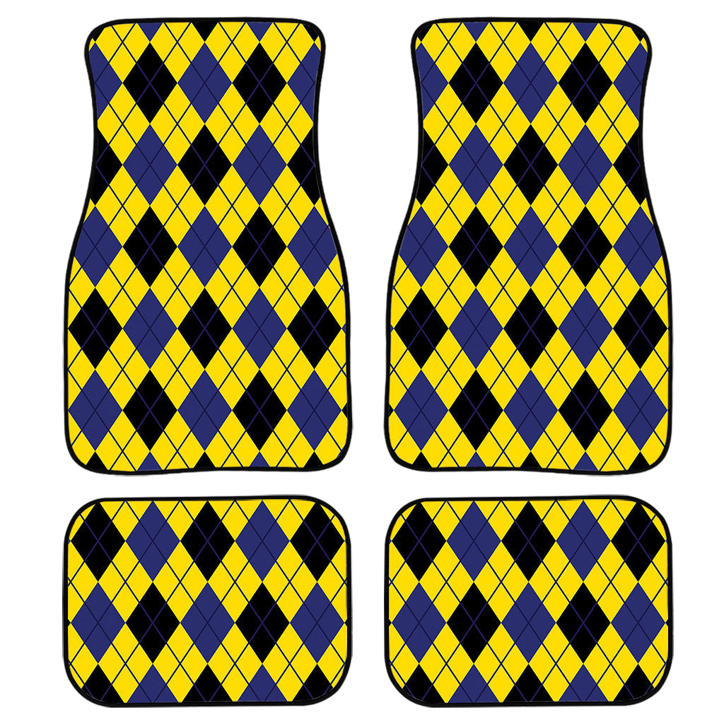 Yellow Blue And Black Argyle Print Front And Back Car Floor Mats, Front Car Mat