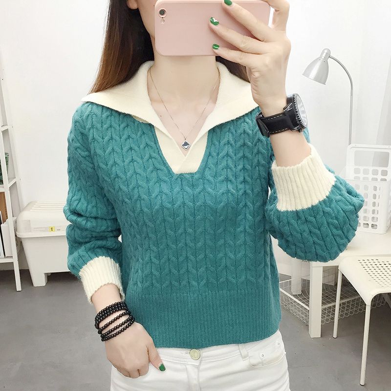 2022 Women’s Clothing Autumn Winter Polo-Neck Sweaters Patchwork Color Long Sleeve Jumpers Knitted Loose Fashion All-match Chic alx