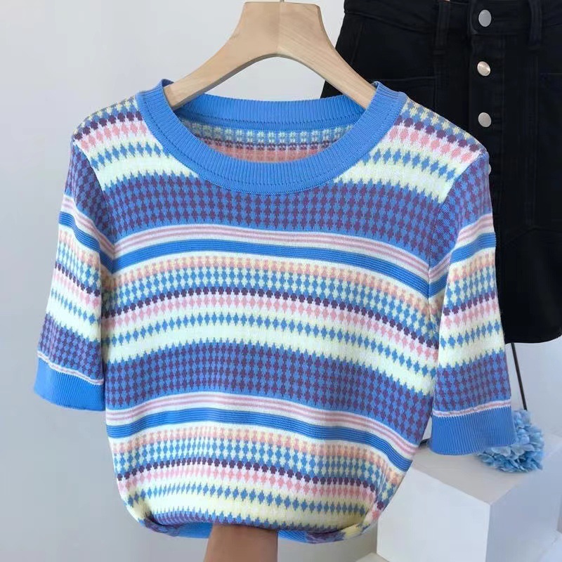 Colorful Striped Fashion Women Knit Pullovers Short Sleeves Casual Loose Streetwear Lady Crop Tops Sweaters alx