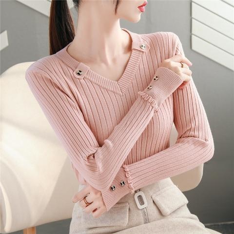 2022 NEW Autumn Women Sweater Knitted Long Sleeve Casual V-Neck Pullovers Slim-fit Tops Vintage Button Office Chic Sweater alx