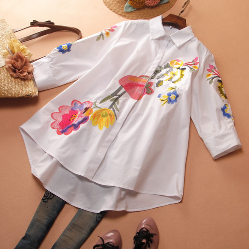 2021 Spring and Summer Elegant Women Shirts Embroidery Loose Casual Seven-Sleeve Large Size Clothes alx