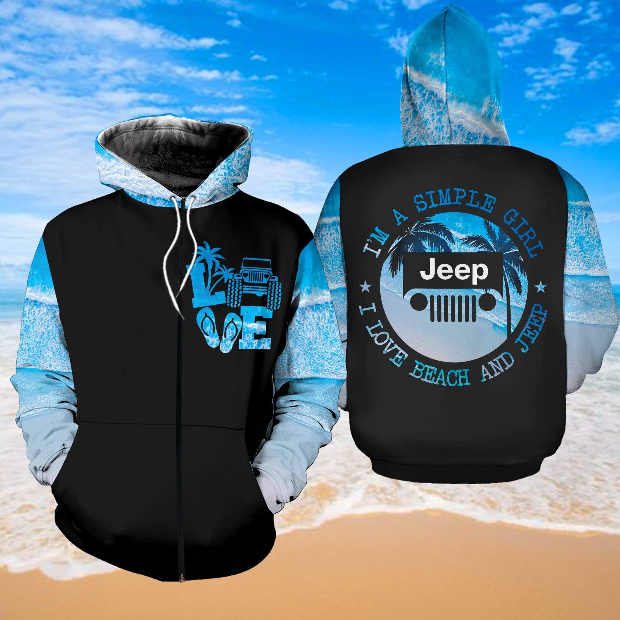 Simple Girl Love Beach And Jeep Black Blue Hoodie 3D #190421l