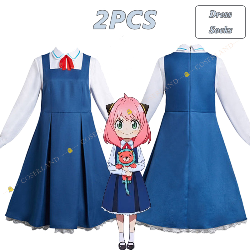 2022 New Anime Spy Family Anya Forger Cosplay Costume Blue Dress Wig Kids Adult Sailor Suit Girls Women Dress Set Loid Daughter alx